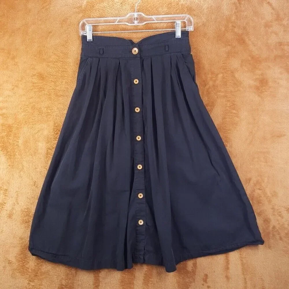 COMPTOIR DES CONONNIERS Womens Skirt Size 34 Black A-Line Midi Button Front